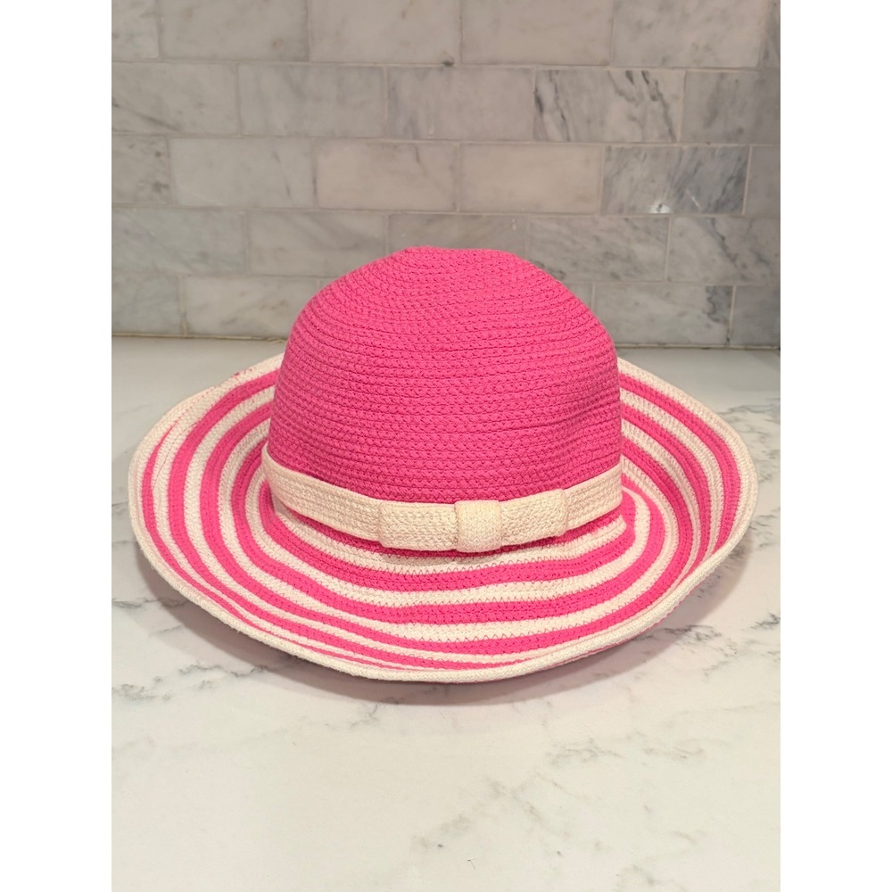 Kate Spade New York Pink White Striped Cotton Sun Hat Wide Brim Bow Detail